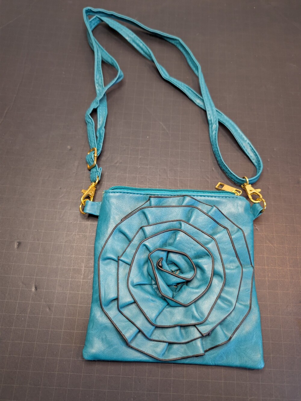 SAX Teal Floral Crossbody Bag Zip Top Gold Hardware Detachable Adjustable Strap